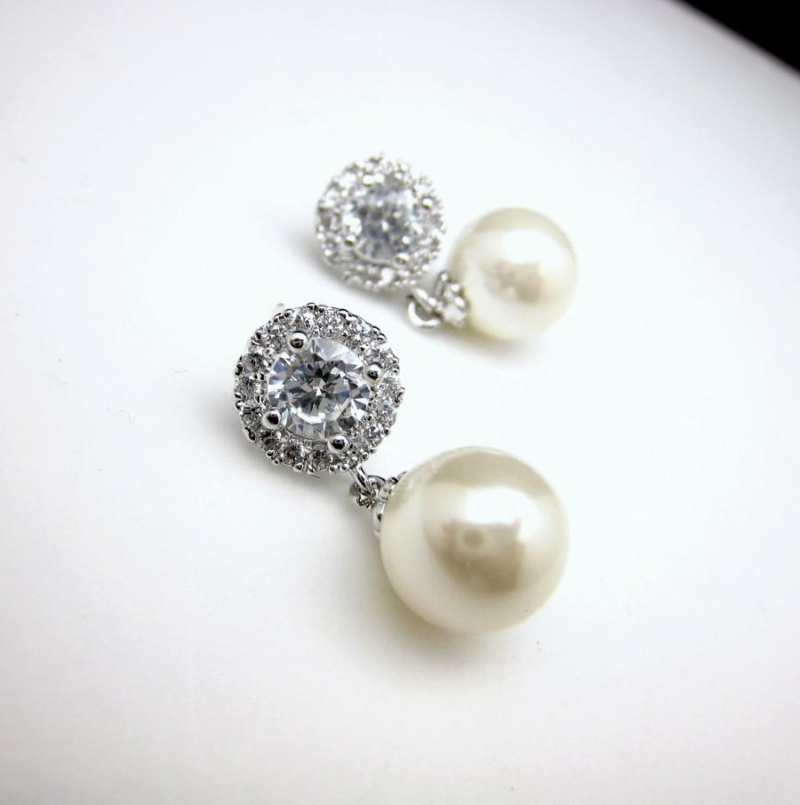 Свадьба - bridal earrings wedding jewelry bridesmaid gift party prom simple elegant 10mm white cream pearl dangle on cubic zirconia halo earring post
