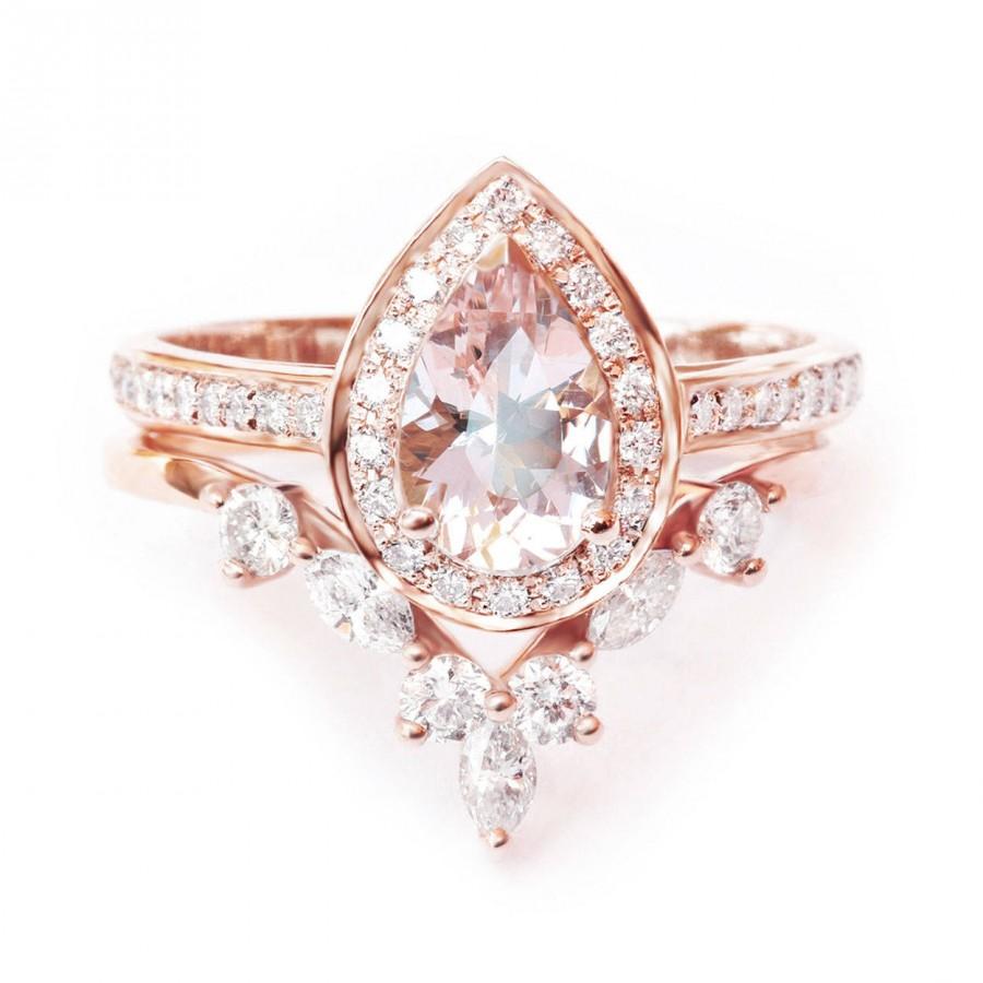 Wedding - Pear Morganite Halo Engagement Ring   Wedding Ring, 14k or 18k Gold Morganite Bridal Set, Art Deco Set, Matching Diamond Side Band - $1568.00 USD