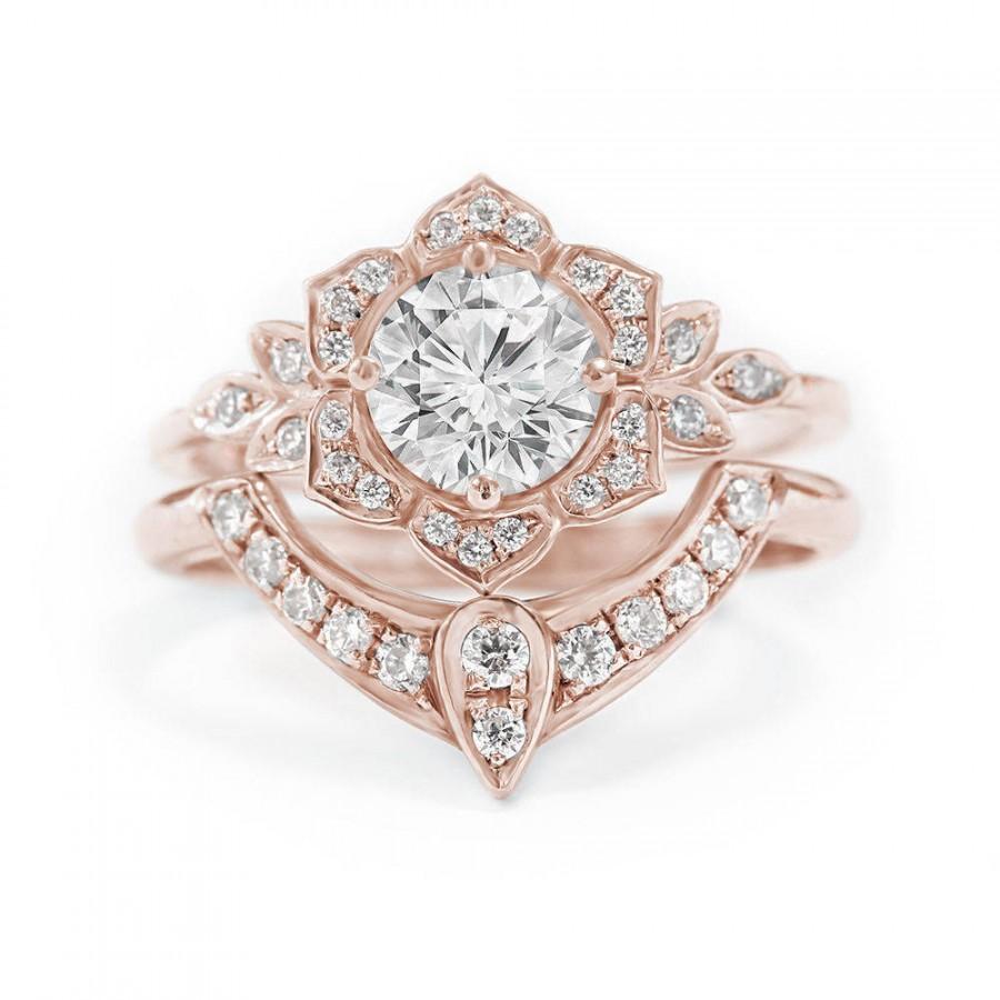 Mariage - Uniuqe Engagement Rings Set - Lily Flower Moissanite Engagement Ring; 3rd Eye Unique Wedding Diamond Side Ring; Forever One / Two Moissanite - $1400.00 USD