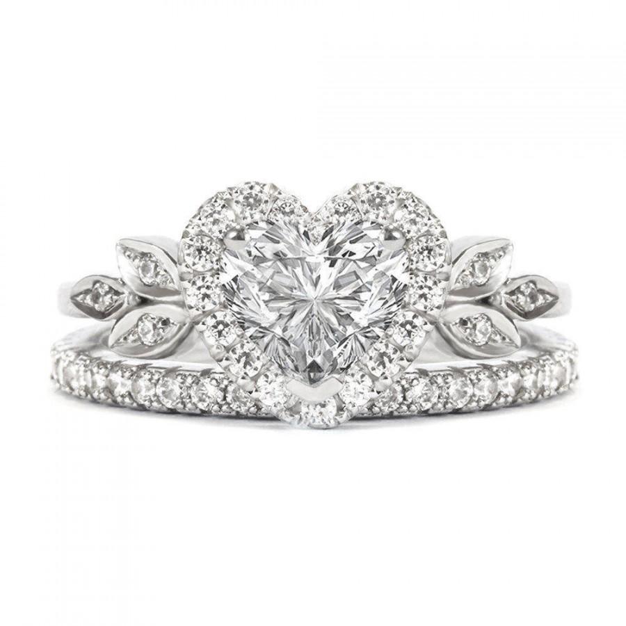 Hochzeit - Love Blossom Heart Shaped Diamond Ring with Matching 2mm Eternity Diamond Band , Bridal Engagement Diamond Wedding Ring set - 1.5 carat - $3490.00 USD