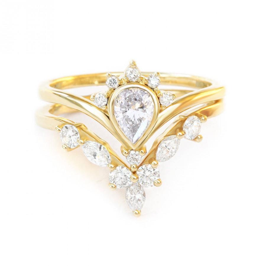 Mariage - 1/2 Ct Natural Diamonds Bridal Rings Set, Pear Diamond Engagement Ring SUNRISE Marquise Diamonds Side Band HERMES V Ring, 14K/18K Solid Gold - $1990.00 USD