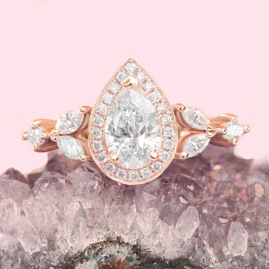 Wedding - Natural Diamond 1 Carat Engagement Ring; Pear Diamond Halo Engagement Ring, Pave Band; GIA Certified Diamond Unique Designer Fantasy Ring - $5780.00 USD