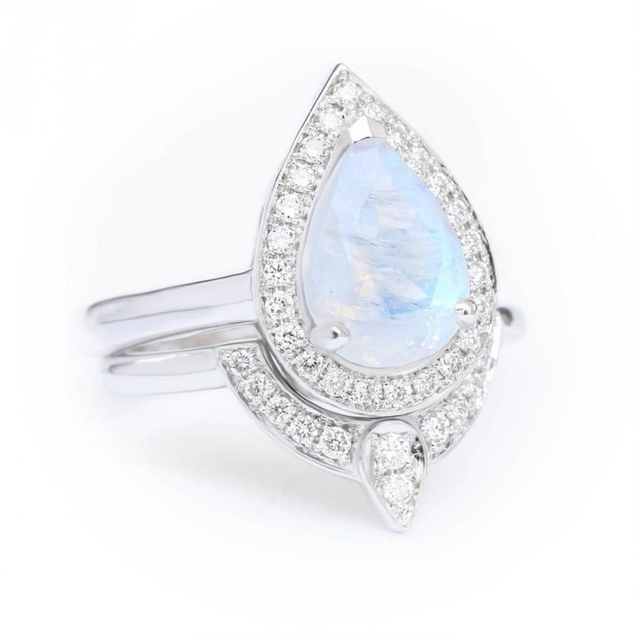 زفاف - Moonstone diamond engagement rings set 14K White Gold, Size 5.25 - READY to ship - $950.00 USD