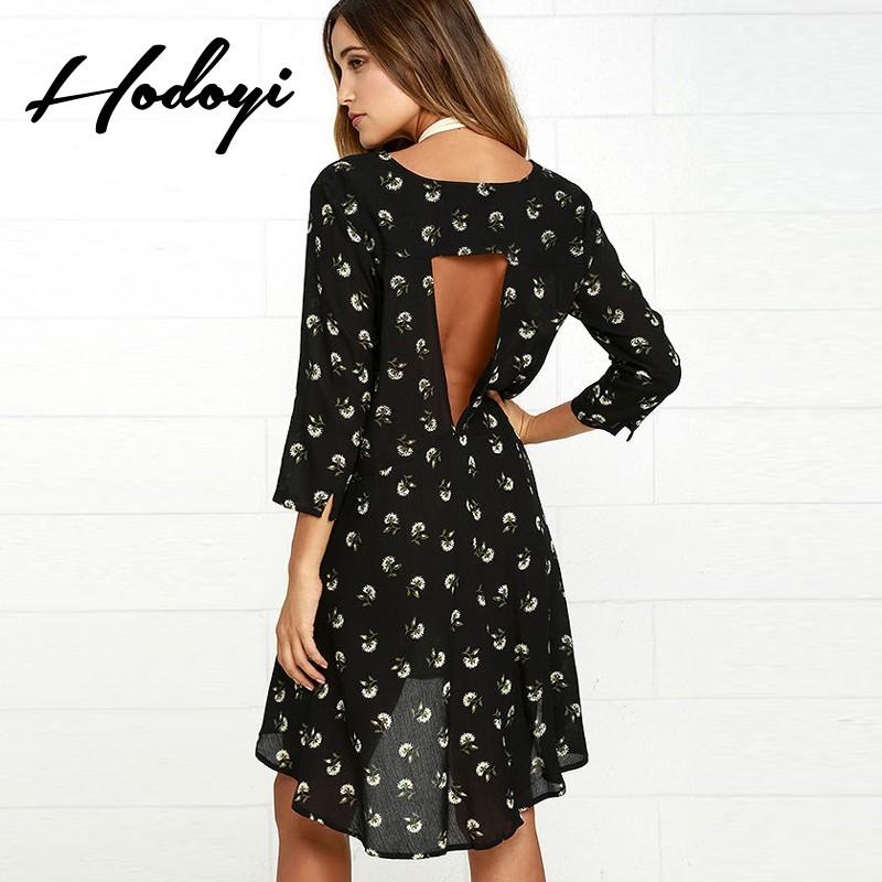 Wedding - Oversized Elegant Vogue Sexy Open Back Attractive Printed Hollow Out V-neck 3/4 Sleeves Dress - Bonny YZOZO Boutique Store