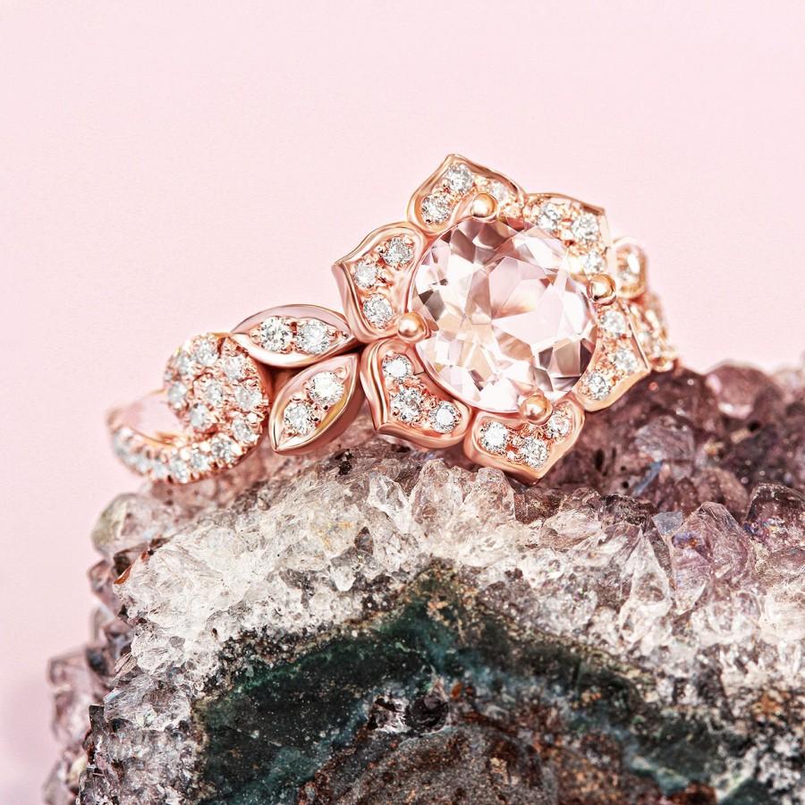 Wedding - Lily Rose Flower Ring, Wave Diamond Ring, Morganite Gold Ring, Unique Engagement Ring, Flower Engagement Ring - $1285.00 USD