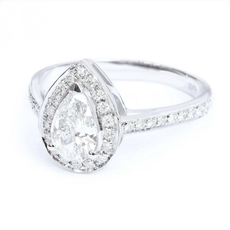 Hochzeit - Natural Pear Cut Diamond Engagement Ring, Pear Diamond Halo Ring, Diamond Pave Band Pear Halo Ring, 3/4 Carat Diamond Ring, Solid Gold 14K - $2980.00 USD