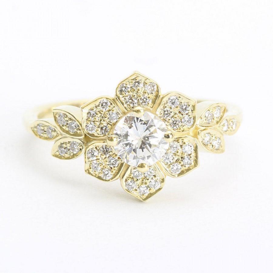 زفاف - Delicate Lily Ring, Art Deco Flower Ring, Rose Gold Engagement Ring, Vintage Rings, 0.45CT Diamond Ring, Unique Leaf Ring - $1815.00 USD