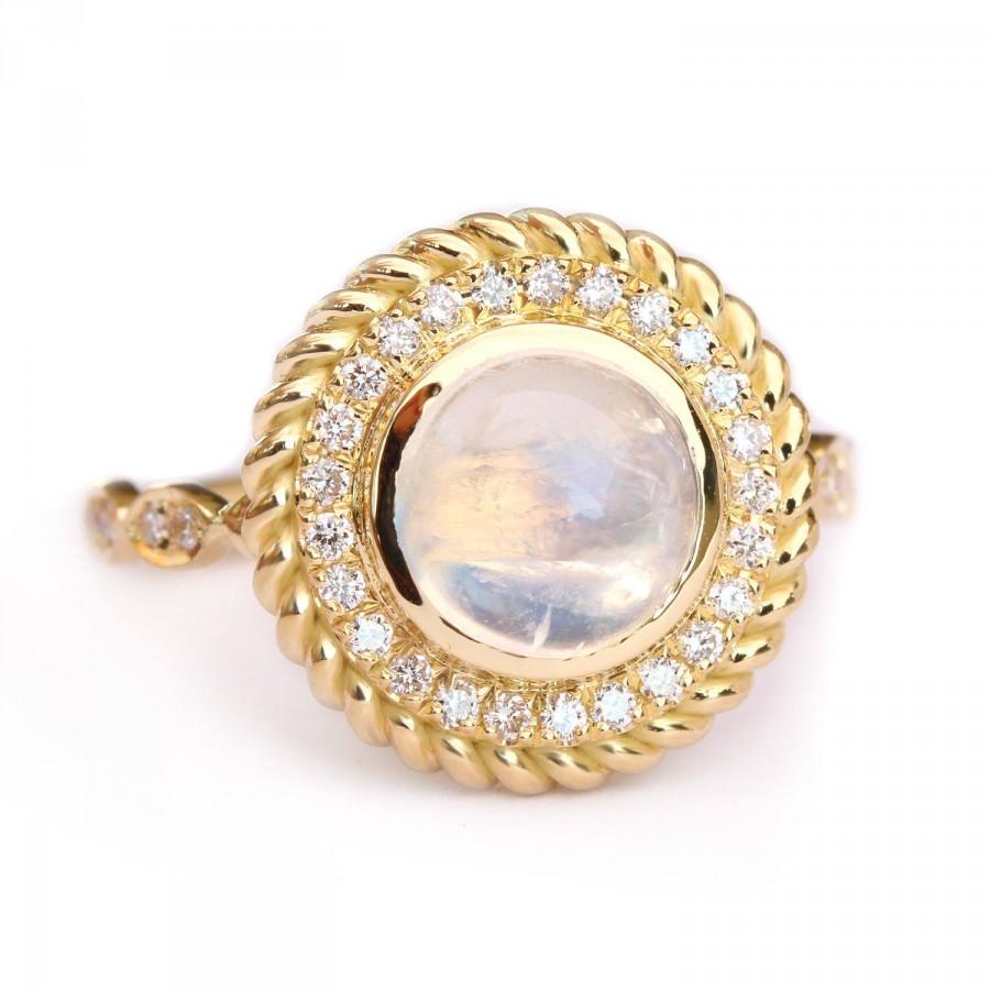 Wedding - Moonstone Ring, Natural Diamond Halo Statement Ring, Moonstone & Diamonds Cocktail Ring, 14K Yellow Gold Vintage Look Ring Size 7 Selectable - $950.00 USD