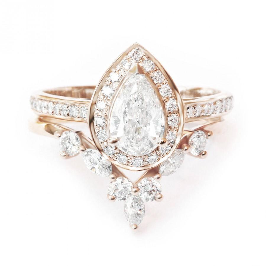 Hochzeit - Pear Diamond Halo Engagement Ring   Matching Marquise Crown Ring Side Band, 14k or 18k Gold Diamond Bridal Set, Diamond Engaement Set - $4400.00 USD