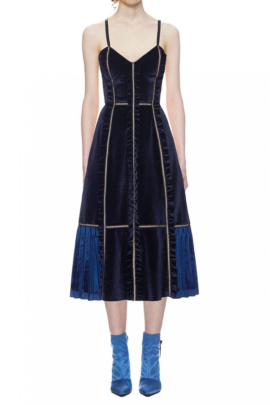 Mariage - Self Portrait Velvet Panelled Midi Dress In Midnight Blue