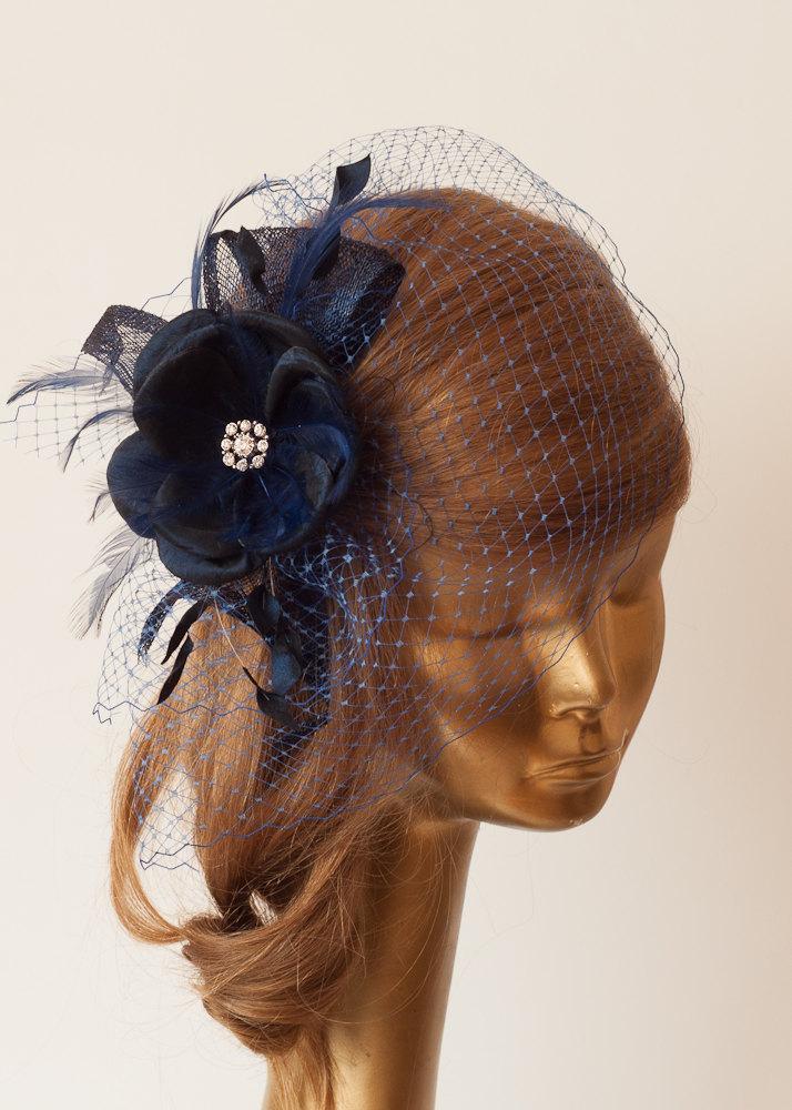 Hochzeit - Navy Blue BIRDCAGE VEIL with Flower and Rhinestone Brooch.Fascinator with Veil