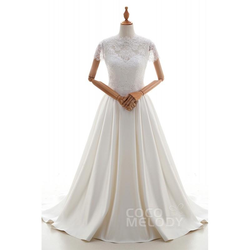 Mariage - Stylish A-Line Illusion Natural Court Train Satin and Lace Ivory Half Sleeve Open Back Wedding Dress with Appliques and Beading - Top Designer Wedding Online-Shop