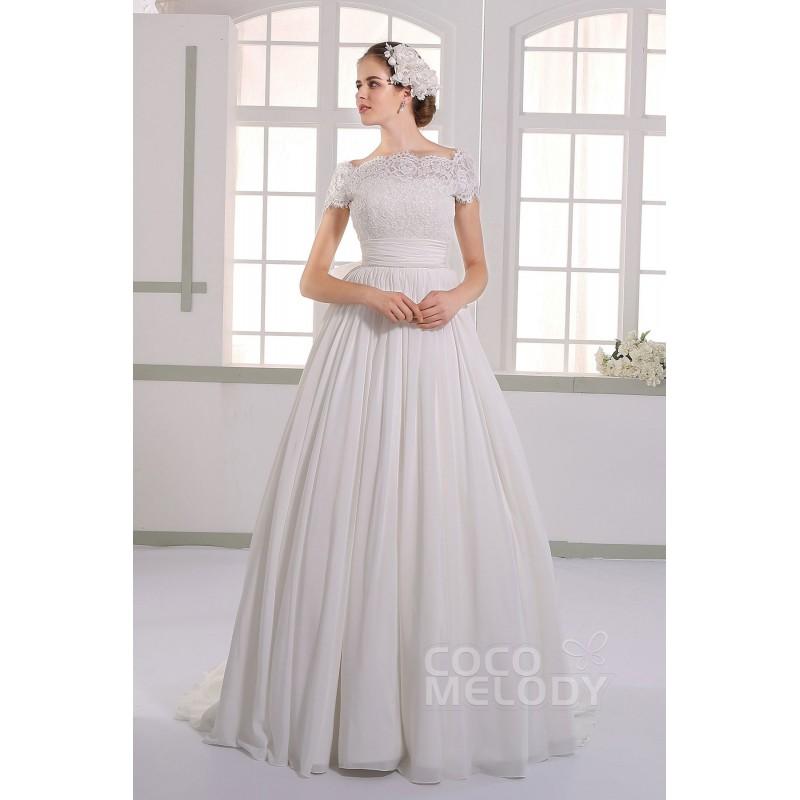 Mariage - Dramatic A-Line Off The Shoulder Natural Court Train Chiffon Ivory Short Sleeve Zipper Wedding Dress with Appliques - Top Designer Wedding Online-Shop