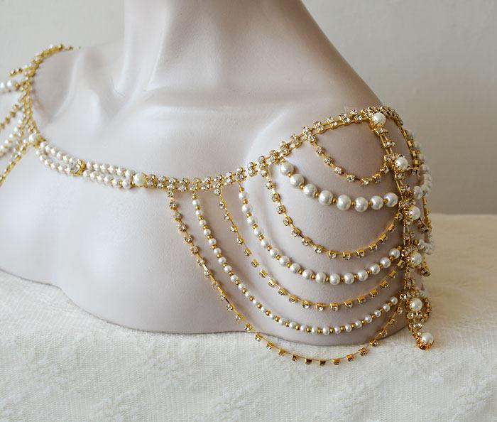 زفاف - Wedding Dress Gold Shoulder, Wedding Shoulder Jewelry, Gold Shoulder Necklace, Wedding Dress Accessory - $120.00 USD