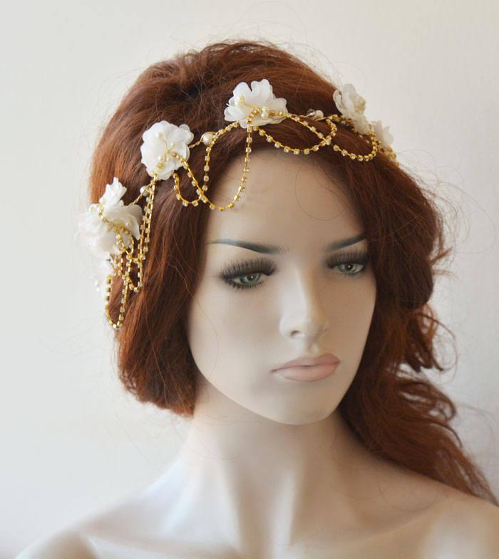زفاف - Gold Wedding Hair Vine, Gold Bridal Head Piece, Flower Hair Vine, Wedding Headband, Hair Jewelry, Hair Accessory - $59.00 USD