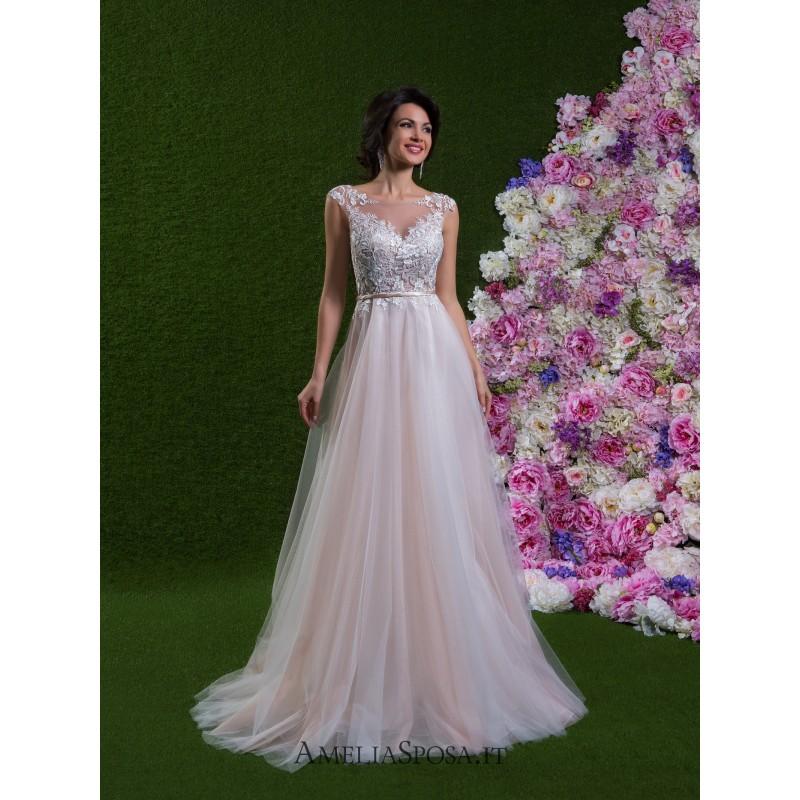 زفاف - Amelia Sposa 2018 Ginevra Open Back Pink Chapel Train Aline Illusion Cap Sleeves Embroidery Tulle Bridal Gown - Top Design Dress Online Shop
