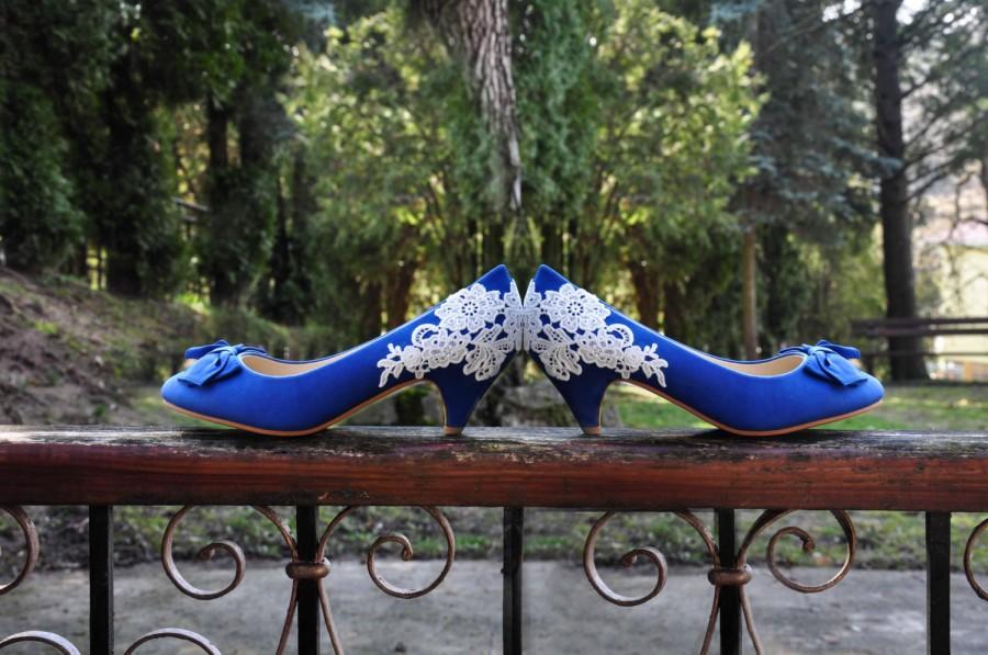 Mariage - Something blue wedding shoes blue wedding shoes bridesmaid shoes blue low heels royal blue wedding shoes bow and lace wedding shoes blue
