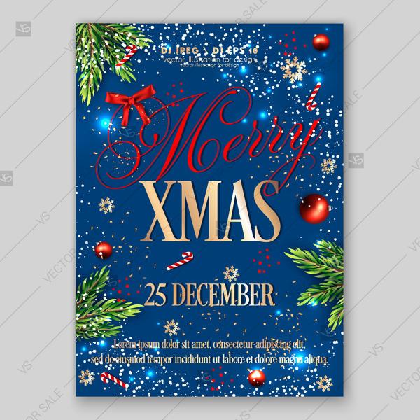 Wedding - Merry Xmas Party invitation with fir branch christmas balls, red bow, gold confetti
