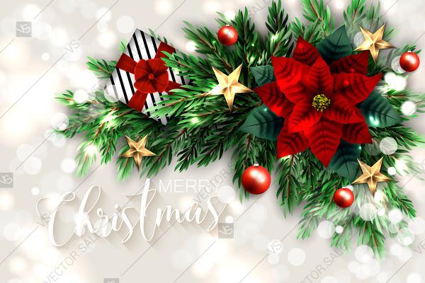 زفاف - Merry Christmas Party Invitation card with red Poinserria flower fir branch gold stars gifr box red bow