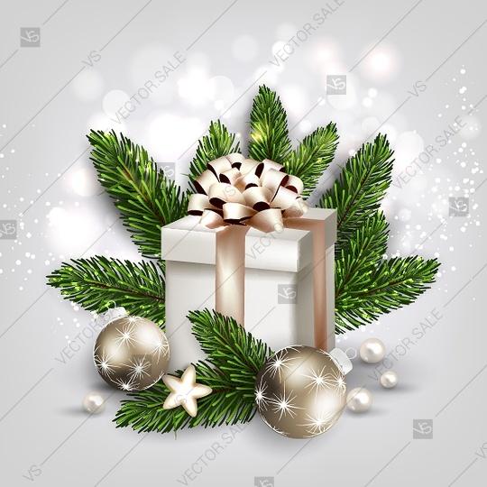 زفاف - Merry Christmas invitation card template with gift box and big red bow, fir branches, snowflake
