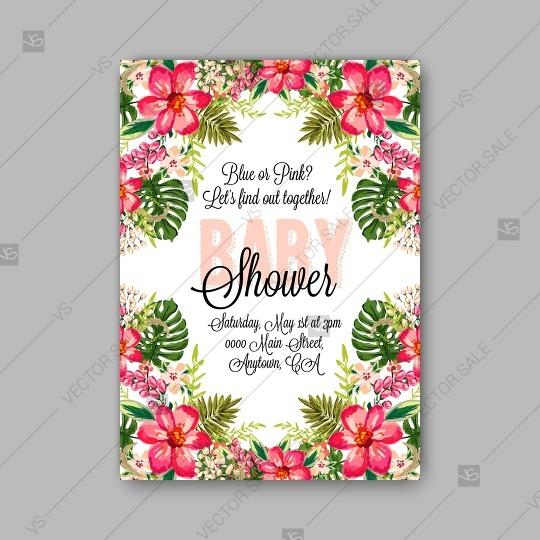 زفاف - Baby shower invitation template with tropical flowers of hibiscus, palm leaves