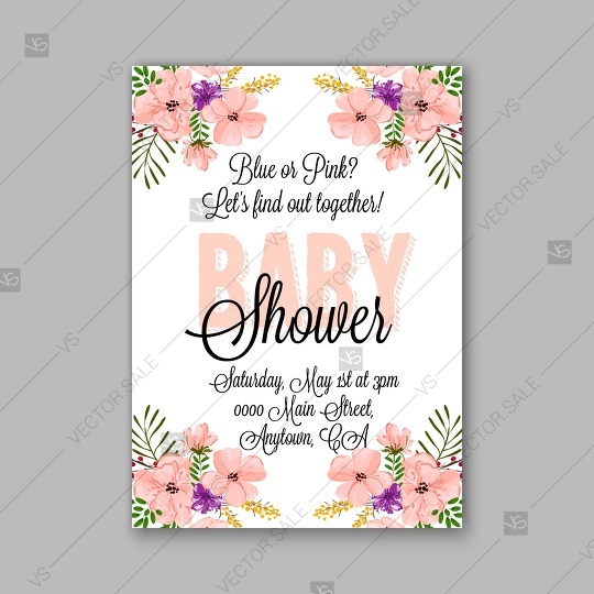 زفاف - Baby shower invitation template with tropical flowers of hibiscus, palm leaves