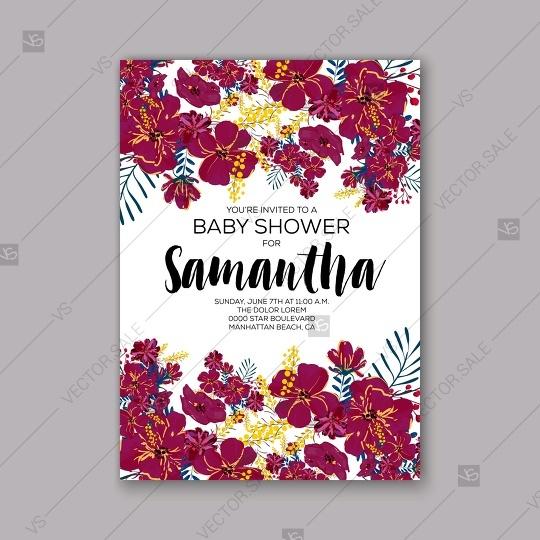 Hochzeit - Baby shower invitation template with tropical flowers of hibiscus, palm leaves