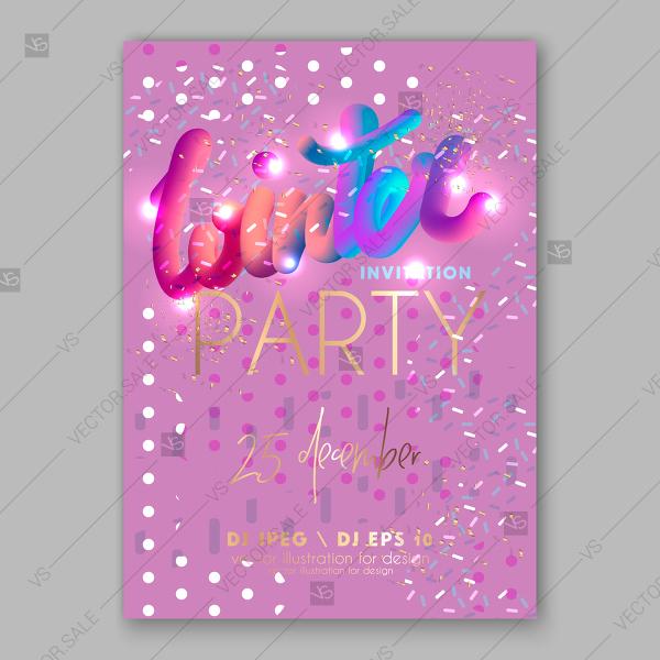 Wedding - Christmas party invitation vector lettering bright sparkles, confetti and bokeh snowflake