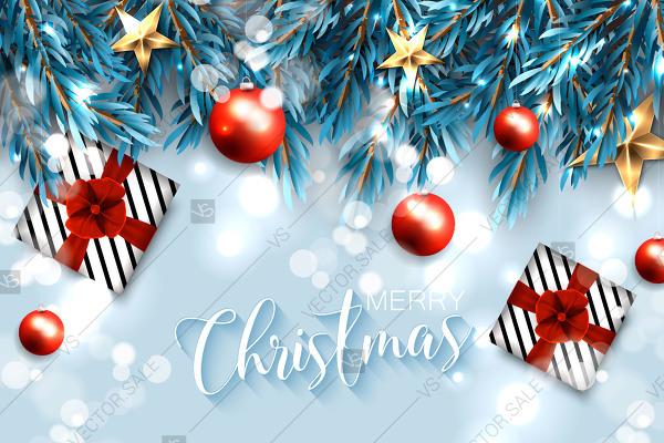 زفاف - Merry Christmas invitation card template with fir pine branch wreath gift box and big red bow, snowflake