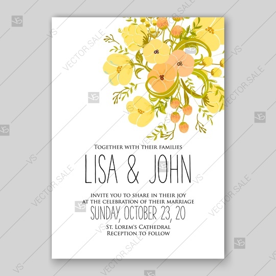 Wedding - Yellow roses, peony, anemone wedding invitation vector template