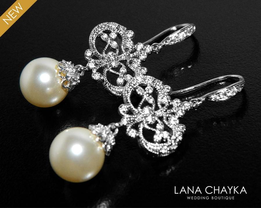 Hochzeit - Pearl Chandelier Bridal Earrings Swarovski 10mm Pearl Earrings Ivory Pearl CZ Silver Dangle Earrings Vintage Style Pearl Wedding Earrings - $34.50 USD
