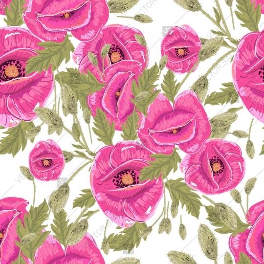 Wedding - Seamless pattern with magenta poppy flowers and buds