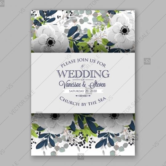 زفاف - Anemone Wedding invitation card in light gray and navу leaves