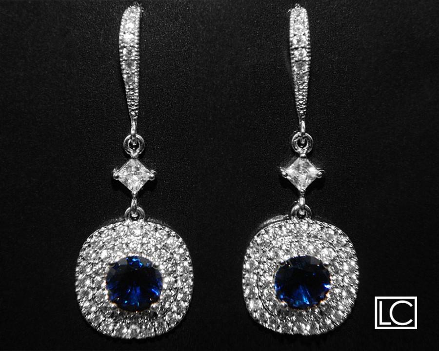 Hochzeit - Cubic Zirconia Bridal Earrings Navy Blue Silver CZ Wedding Earrings Clear Cubic Zirconia Dangle Earrings Wedding Chandelier Bridal Earrings - $32.50 USD