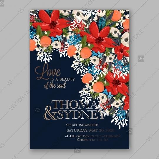 Hochzeit - Poinsettia winter Wedding Invitation template card beautiful floral ornament Christmas Party wreath