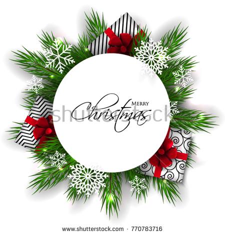 زفاف - Merry Christmas Party invitation vector with fir pine wreath snowflake gift box red bow