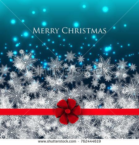زفاف - Merry christmas card Snowflake on blue background with red bow