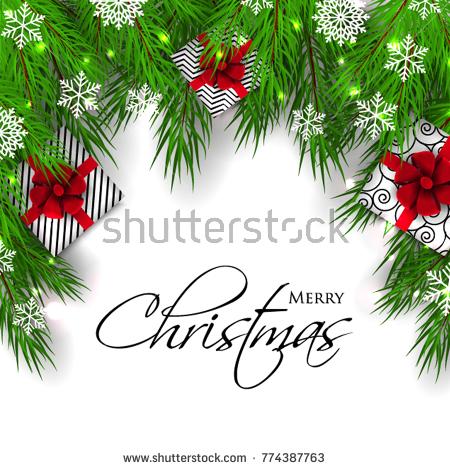 زفاف - Merry Christmas Party invitation vector with fir pine wreath snowflake gift box red bow