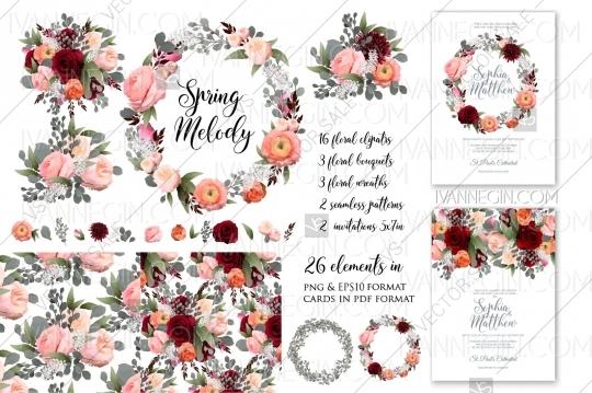 Свадьба - Rose peony wedding invitation clipart floral set png