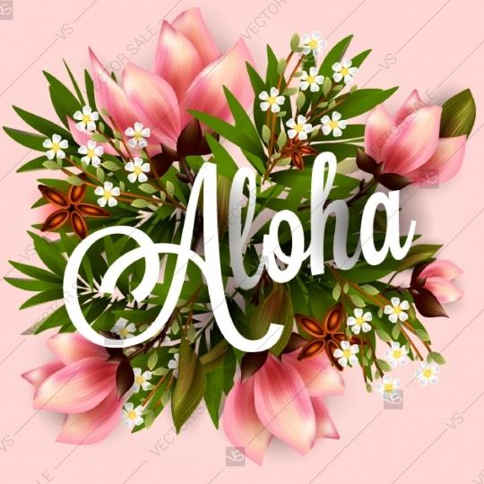 Mariage - Aloha Luau tropical flowers poster invitation hibiscus pink lily, orchid, plumeria magnolia, palm leaf