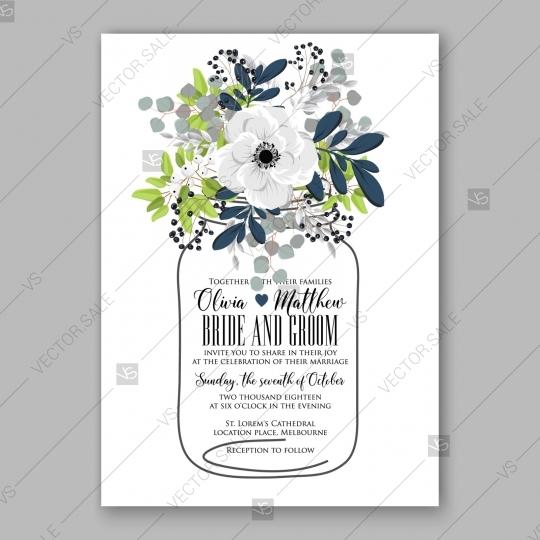 Mariage - Anemone Wedding invitation card in light gray and navу leaves