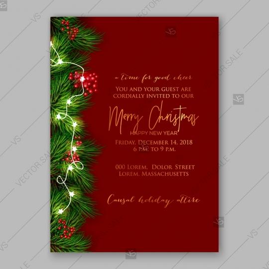 Wedding - Christmas Party Invitation with wreath of pine branches and red berry, christmas lights garland