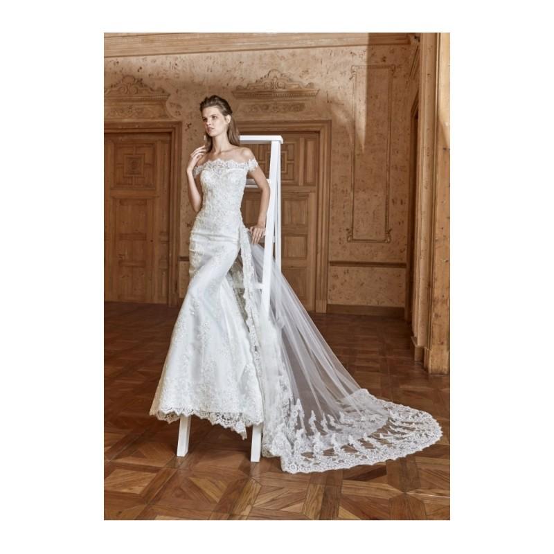 Hochzeit - Tarik Ediz 2017 G2057 Sheath Off-the-shoulder Short Sleeves Detachable Ivory Elegant Appliques Satin Dress For Bride - Top Design Dress Online Shop