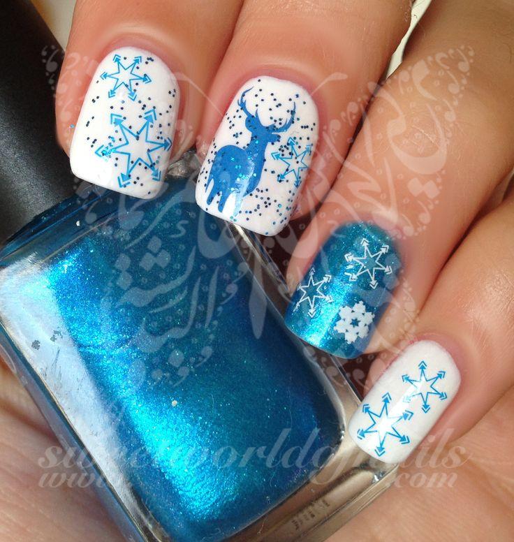Mariage - Christmas Nail Art Blue And White Snowflakes Blue Reindeer Water Decals Water Slides