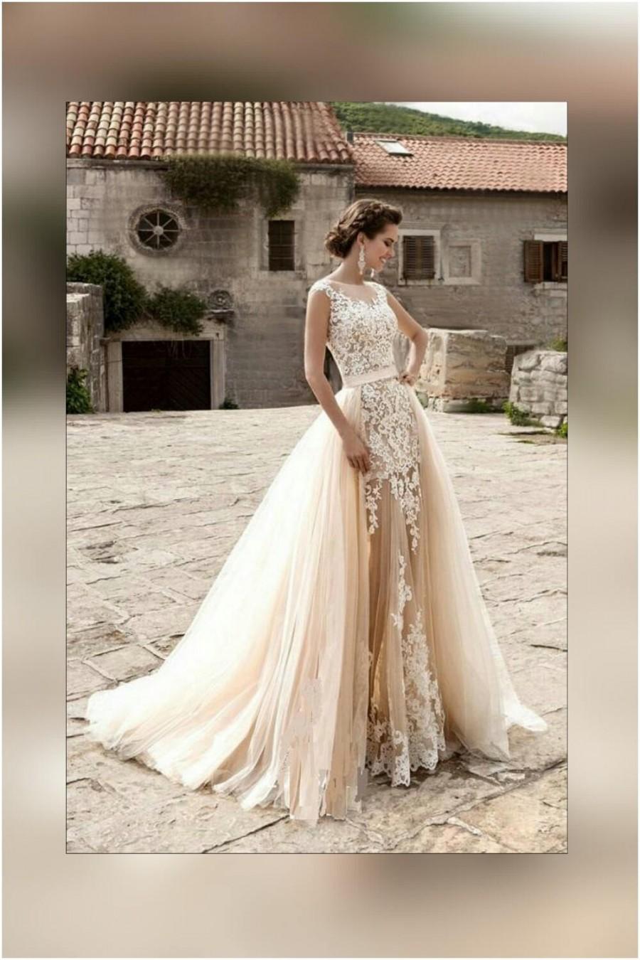 Hochzeit - Wedding dress light Peach Echo and white colors with detachable train, tulle bridal removable skirt with train