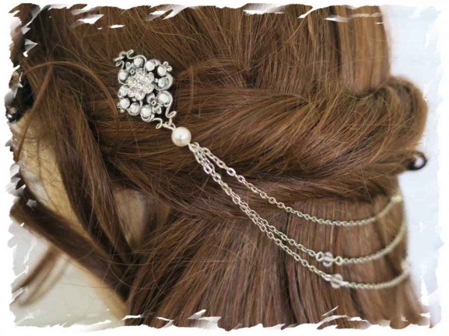 Wedding - Art Deco Inspired Crystal Bridal Headpiece Flapper Back Hair Piece Gatsby Downton Abbey Head chain Wedding Hair Drape Vintage Boho Hair Wrap - $82.00 USD