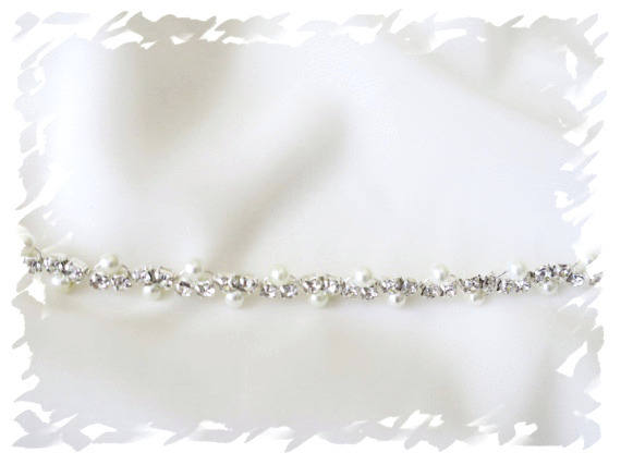 Wedding - Thin Bridal Belt Pearl and Rhinestone Art Deco Wedding Sash Skinny Crystal Wedding Dress Accessories Thin Rhinestone Belt small Pearl - $47.00 USD
