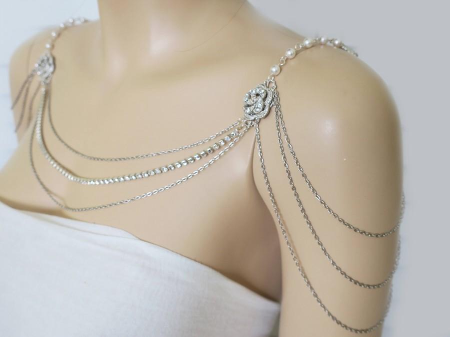 Hochzeit - Shoulder Necklace Bridal Wedding Shoulder Jewelry Art Deco Wedding Dress Accessories Flapper Back Necklace Gatsby Rose Brooch Rhodium Chain - $99.00 USD