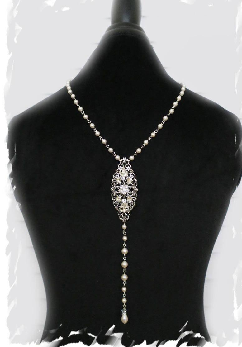 Wedding - Wedding Backdrop Necklace Luxury Art Deco Inspired Bridal Back Jewelry Vintage Style Great Gatsby Long Back Necklace Swarovski Pearl Flower - $99.00 USD