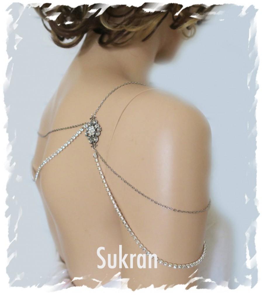 Hochzeit - Wedding Shoulder Jewelry Art Deco Inspired Bridal Shoulder Necklace Silver Body Necklace Rhinestone Backdrop Chain Crystal Shoulder Jewelry - $101.00 USD
